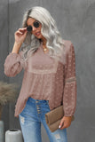 Ruffled Split Neck Lace Hollow Out Puff Sleeve Polka Dot Blouse