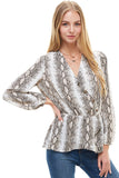 Snake V-Neck Button Front Peplum Long Sleeve Blouse Indigo Arrowwood