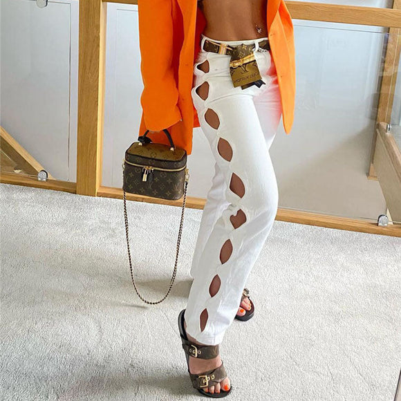 Sexy White Hollow Out Straight Pants
