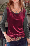 Dark Blue Round Neck Color Block Velvet Pleated Long Sleeve Top
