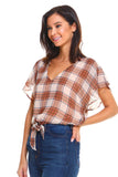 Plaid V-Neck Tie-Front Blouse with Flutter Sleeves Indigo Arrowwood