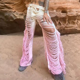 Knitted Straight Pants Hipster Tassel Hollow Out High-Waist