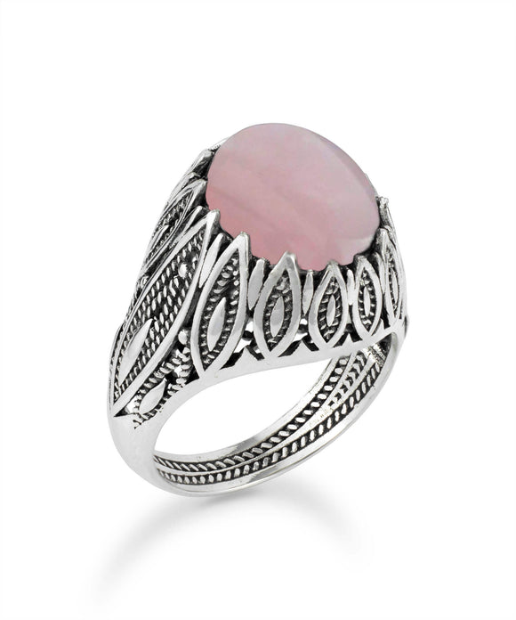 Filigree Art Rose Quartz Gemstone Women Silver Statement Ring