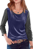 Dark Blue Round Neck Color Block Velvet Pleated Long Sleeve Top