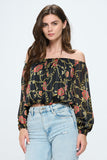 Off-Shoulder Printed Crop Top with Long Sleeves Indigo Arrowwood
