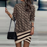 High Collar Patchwork Printed Long Sleeve Irregular Dress Silver Sam