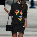 High Collar Patchwork Printed Long Sleeve Irregular Dress Silver Sam