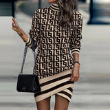 High Collar Patchwork Printed Long Sleeve Irregular Dress Silver Sam