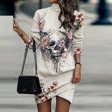 High Collar Patchwork Printed Long Sleeve Irregular Dress Silver Sam