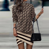 High Collar Patchwork Printed Long Sleeve Irregular Dress Silver Sam