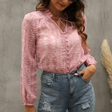 Lace V-Neck Long Sleeve Button Thin Blouse Silver Sam