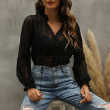 Lace V-Neck Long Sleeve Button Thin Blouse Silver Sam