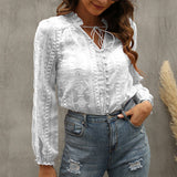 Lace V-Neck Long Sleeve Button Thin Blouse Silver Sam