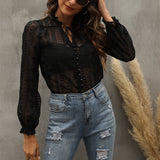 Lace V-Neck Long Sleeve Button Thin Blouse Silver Sam