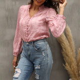 Lace V-Neck Long Sleeve Button Thin Blouse Silver Sam