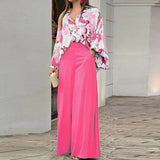 Long Sleeve Loose Printed Shirt & Wide Leg Pants Set