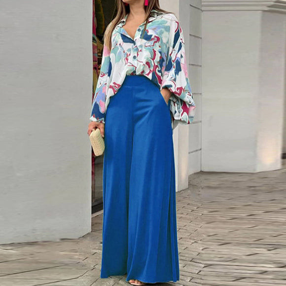 Long Sleeve Loose Printed Shirt & Wide Leg Pants Set