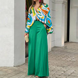 Long Sleeve Loose Printed Shirt & Wide Leg Pants Set