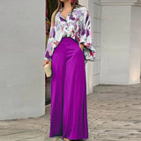 Long Sleeve Loose Printed Shirt & Wide Leg Pants Set