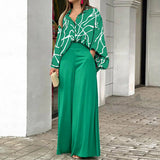 Long Sleeve Loose Printed Shirt & Wide Leg Pants Set