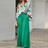 Long Sleeve Loose Printed Shirt & Wide Leg Pants Set