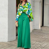 Long Sleeve Loose Printed Shirt & Wide Leg Pants Set