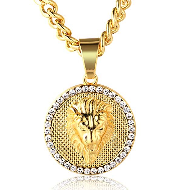 3D Lion Medallion Necklace 14K Gold Plated