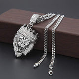 Lion Crown Pendant Medallion Necklace 18K White Gold Plated