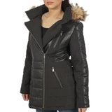 Boston Harbour Bella Leather/Textile Faux Fur Hooded Jacket Azure Metis