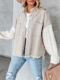 Cable Knit Sleeve Denim Jacket Button Up Long Sleeve Jean Jacket