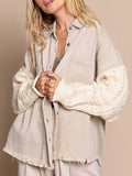 Cable Knit Sleeve Denim Jacket Button Up Long Sleeve Jean Jacket
