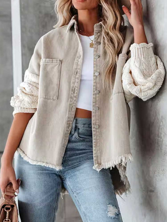 Cable Knit Sleeve Denim Jacket Button Up Long Sleeve Jean Jacket