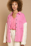 Cable Knit Sleeve Denim Jacket Button Up Long Sleeve Jean Jacket
