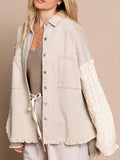Cable Knit Sleeve Denim Jacket Button Up Long Sleeve Jean Jacket