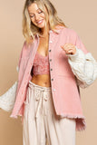 Cable Knit Sleeve Denim Jacket Button Up Long Sleeve Jean Jacket