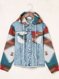 Blue Denim Jacket Women Long Sleeve Hooded Bohemian Style Jacket Silver Sam