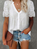 V-neck Cotton Hollow Out Pleated Casual Top Silver Sam