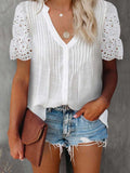 V-neck Cotton Hollow Out Pleated Casual Top Silver Sam