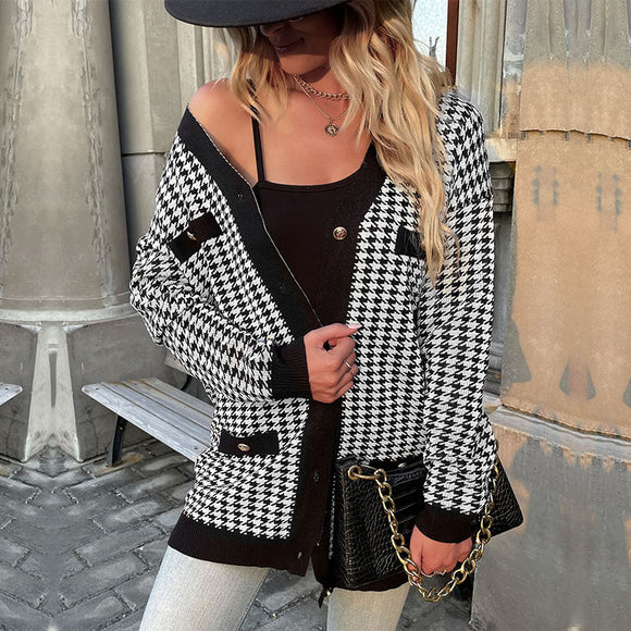 Women's Long Sleeve Houndstooth Sweater Cardigan Mid Length