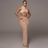 Sleeveless Crop Top & High Waist Slit Ruched Skirt