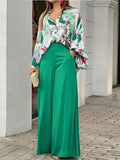 Lapel Button Lantern Sleeve Shirt & Straight Pants