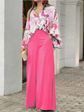 Lapel Button Lantern Sleeve Shirt & Straight Pants