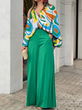 Lapel Button Lantern Sleeve Shirt & Straight Pants