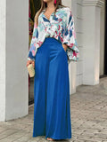 Lapel Button Lantern Sleeve Shirt & Straight Pants