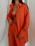 Single-breasted Lapels Long Sleeve Shirt & High Waist Wide Leg Pants