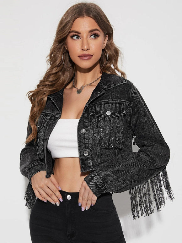 Cowboy Jacket Tassel Stitching Sexy Ripped Denim Coat Silver Sam
