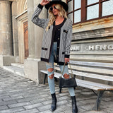 Women's Long Sleeve Houndstooth Sweater Cardigan Mid Length