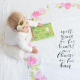 Peony Blooms - Organic Swaddle Blanket Blue Thalassa