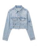 Denim Pockets Frayed Hems Cropped Jacket Coat Silver Sam