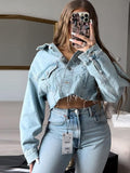 Denim Pockets Frayed Hems Cropped Jacket Coat Silver Sam